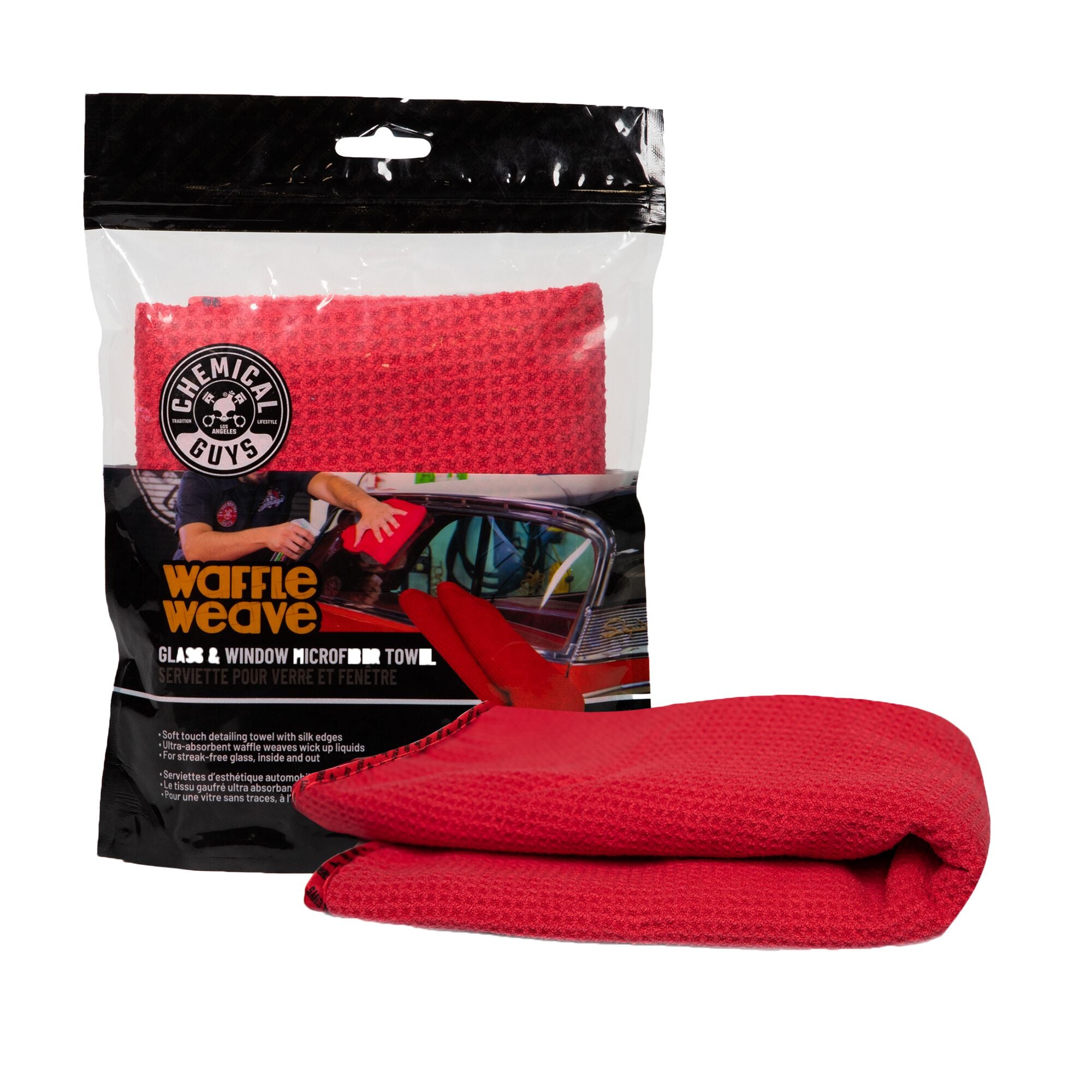 Waffle Weave Glass And Window Microfiber Towel Red 24 X 16   04 MIC707 GlassWindowWaffleWeaveTowelRed Front 20Packaging 